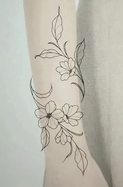 Wrapping Floral Tattoo, Flower Line Tattoo Arm, Flower Vine Tattoo Design, Flower Wrap Around Tattoo Stencil, Delicate Floral Tattoo Design, Carnation Wrap Around Tattoo, Flower Vine Tattoo Arm Sleeve Stencil, Floral Tattoo Design Fine Line, Flower Tattoo Designs For Women Arm