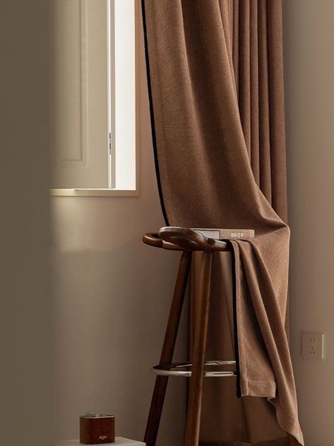 Transform your living space with the Madigan Blackout Curtain, featuring an exquisite black trim that adds a touch of elegance and sophistication. Made from the same high-quality fabric as our Madry collection, this curtain boasts a luxurious faux linen texture and a thick, heavy fabric that is soft to the touch. The standout black edging on both sides enhances its aesthetic appeal, while its light-blocking capability of 80-90% ensures a peaceful, darkened environment, perfect for restful sleep Japandi Bedroom Curtains, Bedroom Linen Curtains, Earthy Curtains, Light Brown Curtains, Brown Curtains Bedroom, Modern Living Room Curtains, Curtains Aesthetic, Curtain Aesthetic, Cavern Clay