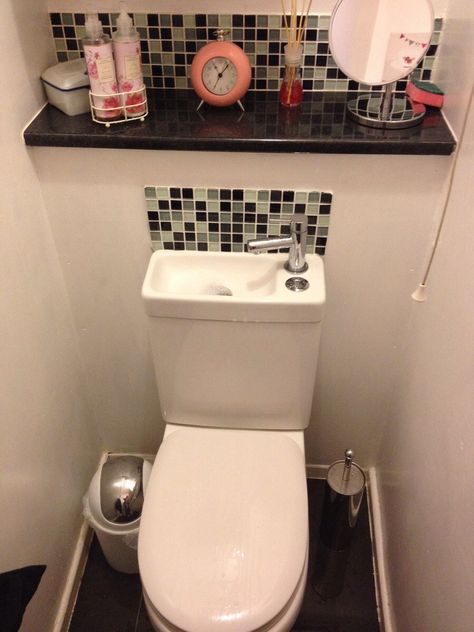 Sink or toilet........naaaasty! I realize the water is clean, but..NOPE. At least it's not a water fountain... Small Toilet Decor, Tiny Half Bath, Small Downstairs Toilet, Bathroom Under Stairs, Bathroom Cabinets Designs, Japanese Toilet, Small Toilet Room, Toilet Sink, Bathroom Organization Diy