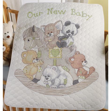 click here to view larger image of Rocking Horse Bears Stamped Crib Cover (stamped cross stitch kit) Cross Stitch Baby Blanket, Baby Quilt Kit, Stamped Cross Stitch, Nursery Cross Stitch, Stitch Toy, Baby Cross Stitch Patterns, Baby Cross, Cross Stitch Baby, Modern Cross Stitch Patterns