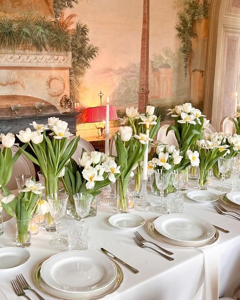 Villa Catignano on Instagram: “Timeless Beauty 🤍 in the frescoed living room at @villa_catignano with elegant white tulips! In love with this decor! Last Winter…” Tulips Wedding Decor, Villa Catignano, Tulips Wedding, Winter Florals, Tulip Wedding, European Wedding, Bloom Blossom, White Tulips, Wedding Table Settings