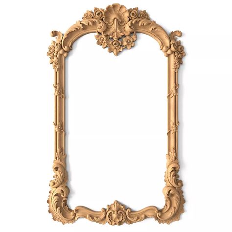 Baroque style beech arched hanging frame mirror#additional-separator##additional-separator#This wooden frame is made in the charming Baroque style. It has an elongated rounded shape, the surface of which is decorated with a delightful pattern with plant and floral elements. A truly pompous, luxurious composition gives some statuesque and refined notes. The top is made in the form of an arch, this design solution create some soft, elegant features. The product is intended for framing mirrors used Wooden Mirror Frame Design, Wood Photo Frame Design, Baroque Mirror Frame, Framing Mirrors, Carved Mirror Frame, Wooden Frame Mirror, Object Reference, Carved Mirror, Baroque Frame