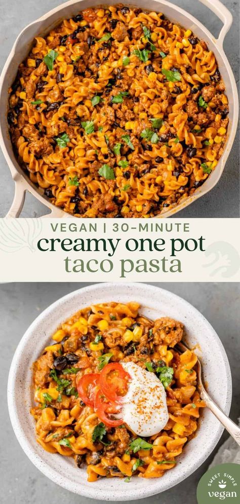 Learn how to make this simple and hearty dish using just one-pot and 30 minutes of your time. #1pot #onepot #30minute #tacopasta #onepotpasta #onepotdinner #kidfriendly #vegandinner #sweetsimplevegan #tacopasta #vegantacos #veganentree #easymeal #vegan One Pot Vegan Recipes, One Pot Vegan Pasta, Vegan Taco Pasta, One Pot Vegan Meals, Vegetarian One Pot Meals, Bowl Meals, Vegan Pasta Dish, One Pot Vegetarian, Vegan Taco