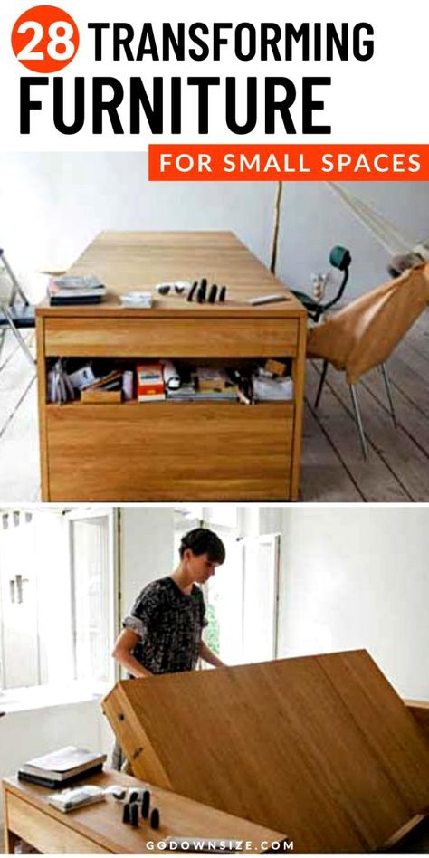 Transforming Furniture is Amazing because you can have several functions within one piece of furniture. Practical for tiny homes and to help organize small spaces. You can keep your small space functional with these awesome transformative furniture pieces! These affordable furniture selections are modern and great for apartment living and RV life. From a bed that second as a table to a picture that can pull out into a table and a cabinet with a foldable bed and more! See the possibilities here! Bed To Table Conversion, Best Space Saving Ideas, Fold Out Beds For Small Spaces, Multi Functional Furniture For Small Spaces, Murphy Table Diy Small Spaces, Tiny House Furniture Space Saving, Small Furniture Ideas, Small Space Furniture Ideas, Hideaway Furniture