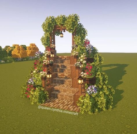 Cool Minecraft Stairs, Minecraft Flower Archway, Cute Stairs Minecraft, Minecraft Building Ideas Stairs, Minecraft Garden Decor, Minecraft Hill Path, Minecraft Leaf Archway, Pretty Minecraft Bridge, Minecraft Natural Staircase