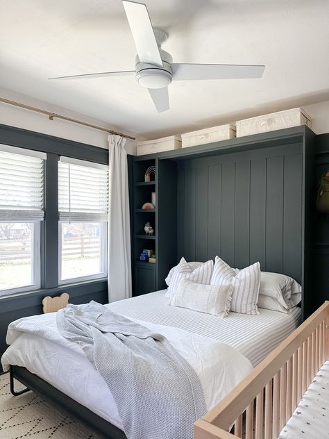 Moody counting sheep inspired nursery with murphy bed. Nursery With Murphy Bed, Murphy Bed In Nursery, Kaitlyn Rose, Diy Murphy Bed, Murphy Bed Diy, Small Nurseries, Counting Sheep, Bed Ideas, Murphy Bed