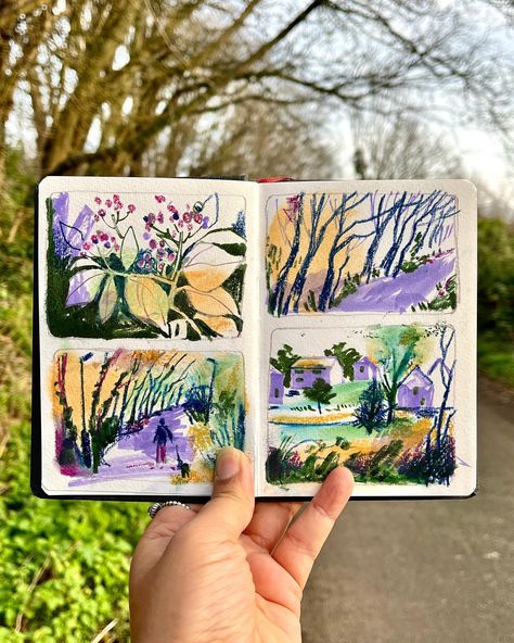 😀l’ve started a new small sketchbook based on an idea by @emmacarlisle_ ‘30 paces from home’ This little sketchbook now accompanies me on my daily morning walks. I’m able to spend 30 minutes filling double-page spreads with mixed media ( pretty random selection hence odd palette choices) This ritual has become my daily mindfulness practice, grounding me in the present moment as I capture whatever I see around me.These sketches aren’t meant to be fully finished or realized pieces. Swift sketc... Color Palette Sketchbook, Filled Sketchbook, Sketchbook Spread Ideas, Mixed Media Sketchbook, Ohn Mar Win, Daily Sketchbook, Watercolour Sketchbook, Daily Mindfulness, Small Sketchbook