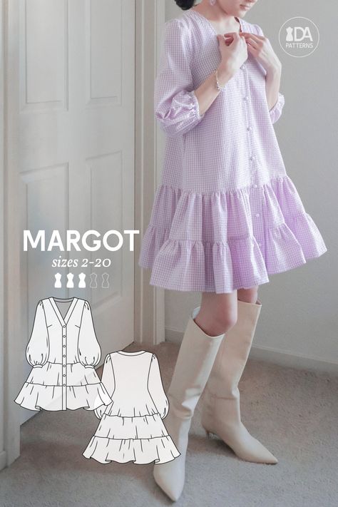 Inspired by the crisp but sweet femininity, this bishop-sleeved, ruffled Margot dress is a flattering design that will put a smile on your face. MARGOT Ruffled Dress PDF Digital Sewing Pattern for Women Sizes US 2-20 After your purchase you will receive: an instructional ebook, the pattern in 10 sizes and 2 formats, A4/Letter and A0 copyshop, and the video tutorial. Design: Flowy dress with 2 ruffle layers Loose silhouette Above knee-length V-neckline 3/4 bishop sleeves Front button closure Mode Sewing Patterns For Dresses, Patterns For Dresses, Ruffled Dress Pattern, Indie Patterns, Maxi Dress Pattern Sewing, Sewing Challenge, Ruffled Dress, Sewing Design, Easy Sewing Patterns