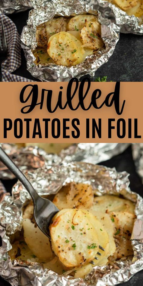 Grilled Potatoes in Foil - grillonadime.com Grilled Potatoes In Foil, Foil Potatoes On Grill, Foil Potatoes, Grilled Baked Potatoes, Russet Potato Recipes, Cooking Baked Potatoes, Foil Packet Potatoes, Grilled Sweet Potatoes, Potatoes In Oven