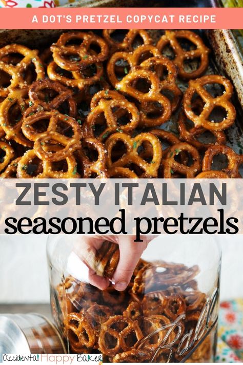 These zesty Italian seasoned pretzels are an addictive snack that is so easy to make, but hard to stop munching on. Pretzel Snack Recipes, Party Pretzels, Seasoned Pretzels, Pretzel Snacks, Pretzels Recipe, Snack Mix Recipes, Party Snack, Salty Snacks, Snacks Für Party