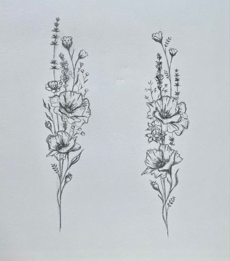 Wildflower Tattoo Drawing, Wildflower Tattoo Designs Sketches, Wild Flower Back Tattoo, Wildflower And Barley Tattoo, Blanket Flower Tattoo, Wild Flower Tattoo Sleeve, Wildflower Bouquet Drawing, Wildflower Half Sleeve Tattoo, Wild Flower Drawing