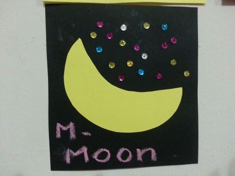 Alphabet M is for moon! On a starry night. M Is For Moon Craft, M Crafts For Preschoolers, Letter M Crafts For Preschoolers, Preschool Library Center, M Crafts, Letter M Crafts, Moon Craft, Preschool Library, Library Center