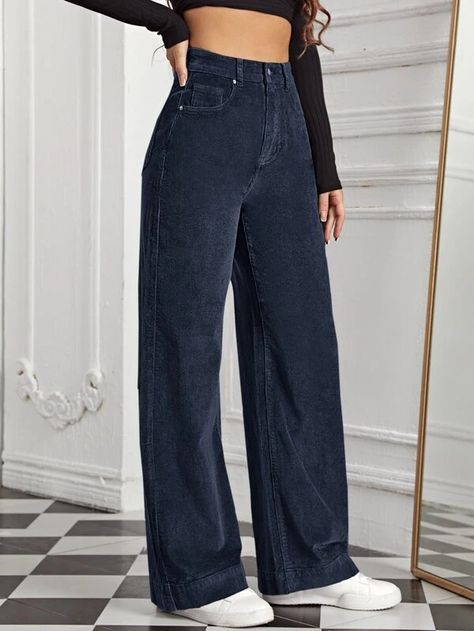 Navy Blue Bottoms Outfit, Navy Blue Pants Outfit Women Casual, Blue Courderoy Pants Outfits, Dark Blue Wide Leg Jeans Outfit, Dark Blue Jeans Outfit Women, Dark Blue Pants Outfit, Navy Blue Pants Outfit, Dark Blue Jeans Outfit, Blue Pants Outfit