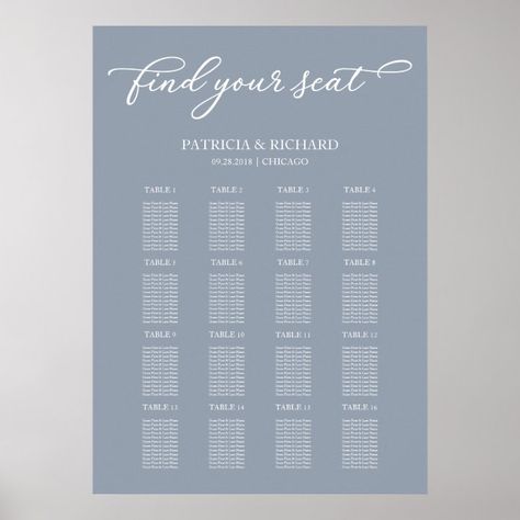 Blue Wedding Seating Chart, 12 Tables, Table For 12, Dusty Blue Wedding, Light Blue Wedding, White Typography, Seating Plan Wedding, Dusty Blue Weddings, Table Wedding