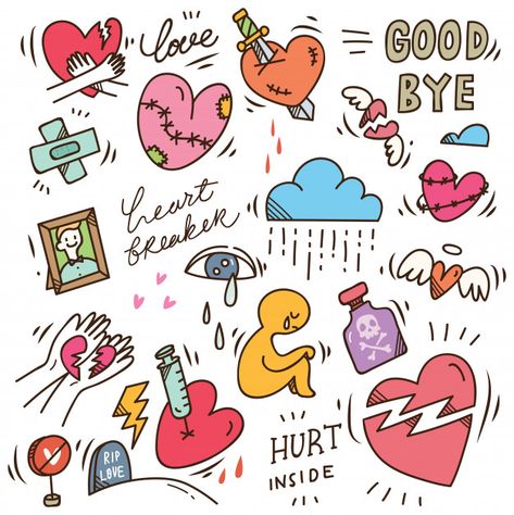 Break Up Illustration Simple, Breakup Doodles, Heartbreak Doodle, Doodles Stickers, Doodle Background, Creepy Drawings, Cartoon Doodle, Heart Projects, Funny Monsters