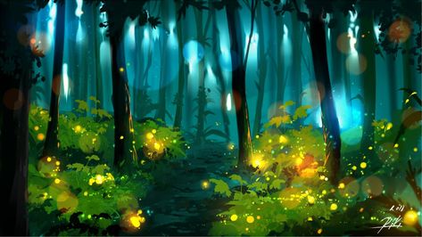 Fireflies by ryky Fireflies Digital Art, Watercolor Fireflies, Firefly Watercolor, Fireflies Illustration, Fireflies Art, Firefly Painting, Firefly Art, Forest Sounds, Soothing Music