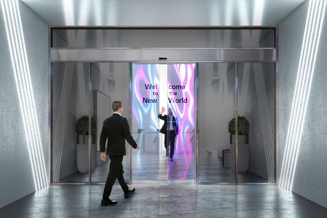 LG developing sliding doors made of transparent OLED displays - The Verge Transparent Doors, Automatic Sliding Doors, Lg Display, Subway Train, Store Windows, Led Design, Automatic Door, Sliding Glass Door, Business Solutions