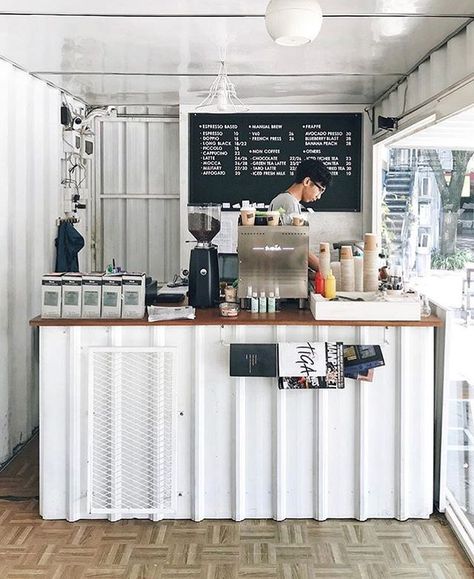 Barista Counter, Cafe Bar Design, Container Coffee Shop, Cafe Counter, Container Cafe, Coffee Shop Business, Small Coffee Shop, Coffee Bar Design, Small Cafe Design