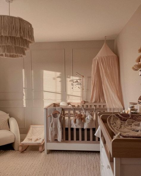 A girl's nursery with a pink princess canopy over the crib, soft tones, and natural soothing elements Canopy Over Crib, Apartment Nursery, Baby Girl Nursery Ideas, Girl Nursery Ideas, Toddler And Baby Room, Feminine Nursery, Princess Canopy, Nursery Rooms, Willow Grove