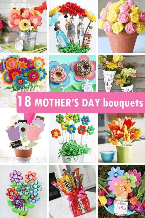 18 DIY MOTHER'S DAY BOUQUETS - Unique handmade gift ideas. Make mom a bouquet with booze, flowers, candy, chocolate, tea, or anything! Bouquets For Mothers Day, Mothers Day Food Gifts, Booze Bouquet, Flower Cookies Bouquet, Bouquet Mothers Day, Mothers Day Diy, Gift Card Bouquet, Babysitting Ideas, Diy Mother's Day