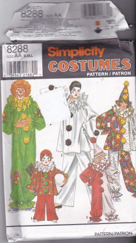 Simplicity 8288 Pattern Uncut Adult S M L Costume Clown Ruffle Collar Baggy Pants Hat Halloween Clown Ruffle Collar, Girl Clown Costume, Pierrot Costume, Halloween Costume Sewing Patterns, Simplicity Patterns Costumes, Clown Pants, Clown Costumes, Clown Suit, Clown Halloween Costumes