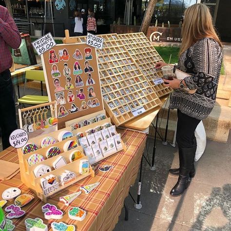 Craft Booth Sticker Display, Sticker Vendor Booth, Art Market Sticker Display, Store Stand, Sticker Display Ideas Craft Show, Sticker Stand Display, Vinyl Sticker Display, Art Market Stalls, Sticker Market Display