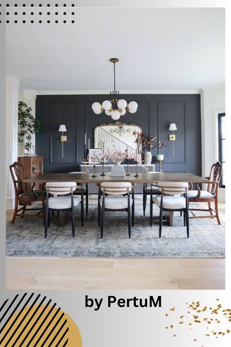 Moody Dining Room, Dining Room Accent Wall, Dark Dining Room, Wall Moulding, Black Accent Walls, Dining Room Accents, Room Accent Wall, Dining Room Blue, Black Dining Room