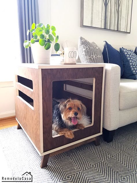 12 Small Updates to Brighten Up Any Room in Your Home - Remodelando la Casa Side Table Kennel, Coffee Table Dog Crate, Dog Crate Side Table, Crate Side Table, Small Dog House, Diy Dog Crate, Dogs Diy Projects, Diy Side Table, Blogger Home