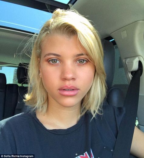 Disappeared: Curiously, the arm sling was gone in an Instagram selfie Sofia shared several hours later of herself in a car rocking an Iron Maiden T-shirt Sofia Richie Hair, Sophia Richie, Iron Maiden T Shirt, Blonde Hair Goals, Cute Bangs, Arm Sling, Ash Hair, Blonde Short, Instagram Selfie