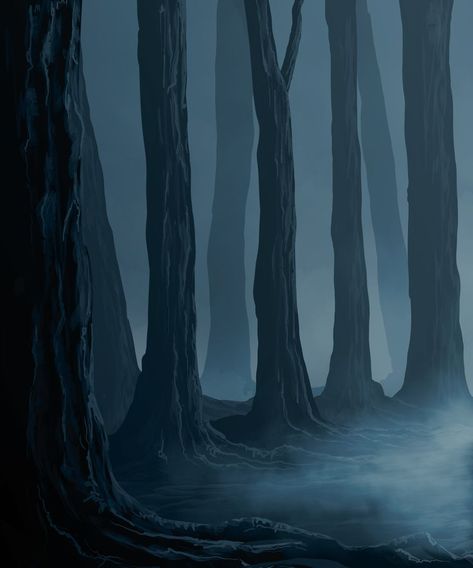 Dark Landscape Illustration, Dark Forest Reference, Dark Forest Artwork, Halloween Forest Painting, Foggy Woods Painting, Dark Landscape Drawing, Dark Forest Digital Art, Fog Drawings Mist, Medieval Forest Art