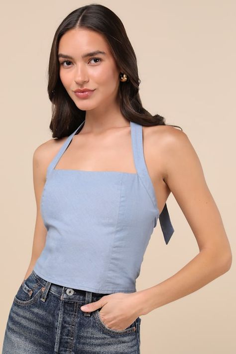 Don't worry, the Lulus Maebyn Light Blue Halter Crop Top will easily pair with all your favorite summer bottoms! This cotton-linen blend woven top has a simple yet impressive design, featuring a tying halter neckline and a fitted bodice with a flirty cropped hem. Smocking at back allows for the perfect fit. Hidden side zipper. Fit: This garment fits true to size. Length: Size medium measures 11.75" from top to bottom. Bust: Great for any cup size. Waist: Fitted - elastic waist allows stretch. Un Casual Prom Dresses, Summer Bottoms, Lulu Fashion, Adhesive Bra, Halter Crop Top, Weekend Outfit, Woven Top, Strapless Bra, Halter Neckline