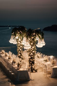 Luxury Event Decor, Mykonos Wedding, Greece Mykonos, Oceanfront Wedding, Destination Wedding Italy, Destination Wedding Decor, Dream Wedding Decorations, Wedding Chandelier, Santorini Wedding