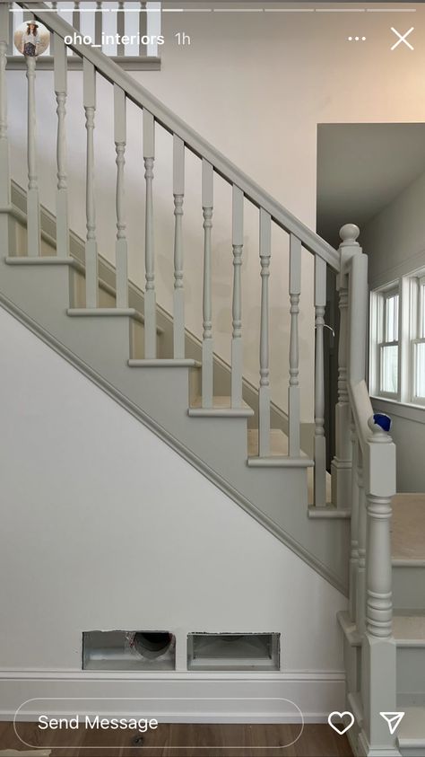 French Grey Staircase, Grey Handrail Stairs, Revere Pewter Staircase, All White Hallway, Light Grey Staircase, Gray Staircase Ideas, Skirtboard For Stairs, Navy Blue Stairs, Victorian Bannister