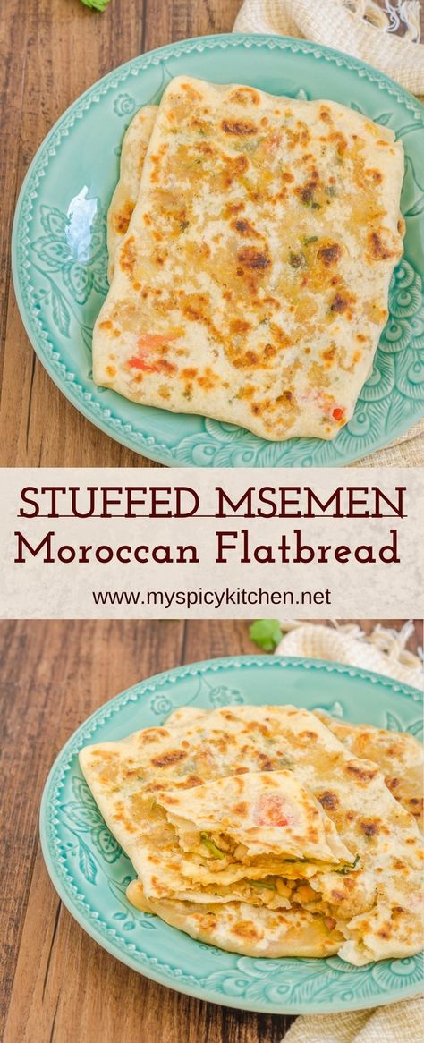 Ground chicken stuffed msemen is a Moroccan stuffed flatbread.  It is very soft and usually served for breakfast or for tea.  #StuffedFlatbread #MoroccanStuffedFlatbread #MoroccanFood Moroccan Stuffed Flatbread, Afgani Recipes, International Breakfast, Stuffed Flatbread, Moroccan Bread, Ramadan Food, Persian Recipes, Chicken Stuffed, Savory Bread