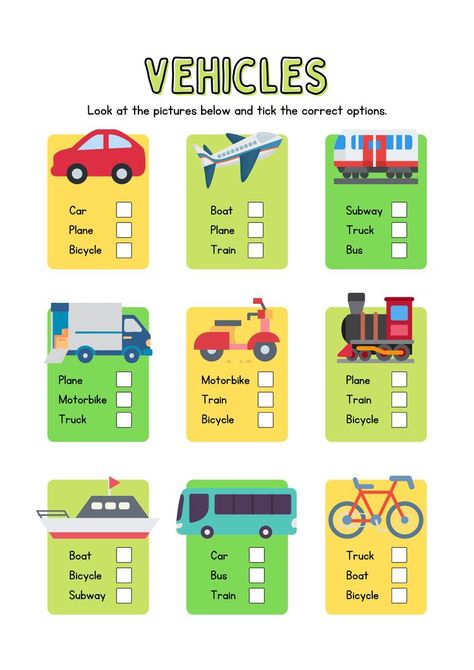 Vehicles & Transportation Look and Tick Handout Transport Worksheets For Kids, English Primary School, Speaking Activities English, Transportation Worksheet, Teach English To Kids, English Teaching Materials, Fun Classroom Activities, Learning English For Kids, English Phonics