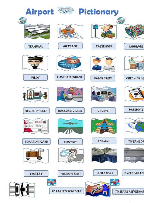 Airport - Pictionary - English ESL Worksheets for distance learning and physical classrooms Airport Phrases, English For Tourism, Speaking Activities Esl, Travel English, English Grammar Worksheets, Speaking Activities, English Activities, English Idioms, Grammar Worksheets