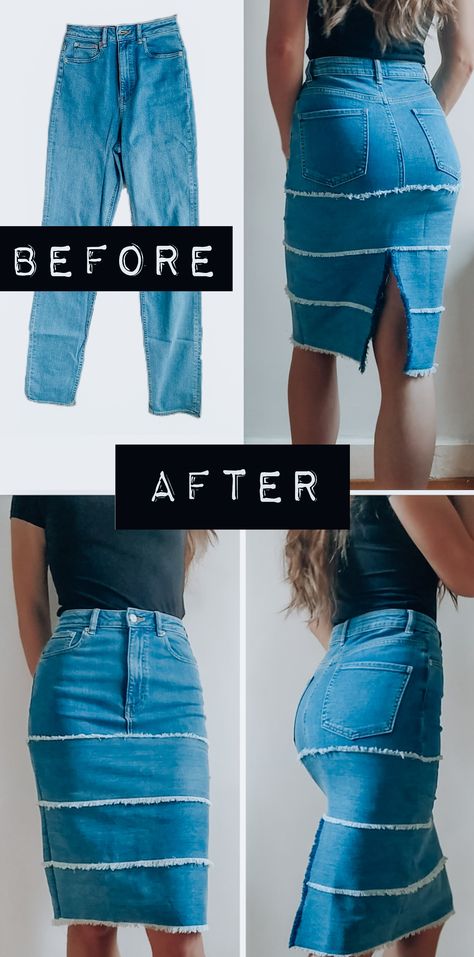 Don't need to buy new clothing. Try to upcycle your old jeans. See how to turn old jeans into a new skirt. Thrift flip clothing. Old jeans into a midi skirt. Skirt Thrift Flip, Jeans Into A Skirt, Reuse Old Jeans, Recycling Clothes, Midi Denim Skirt, Midi Denim, Thrift Flip, Clothes Diy, Old Jeans