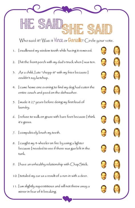 He Said/She Said Bridal Shower Game He Said She Said Questions, He Said She Said, Wisdom Teeth, She Said, Who Said, Wedding Games, Wedding Item, Bridal Shower Games, Wedding Reception