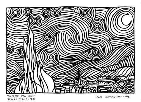 Vincent Van Gogh, Starry Night, 1889. Free Artist Colouring Page Starry Night Coloring Page, Famous Art Coloring, Van Gogh Coloring, Van Gogh Drawings, Sunflower Coloring Pages, Mosaic Tile Patterns, Vincent Van Gogh Art, Christmas Coloring Books, Van Gogh Paintings