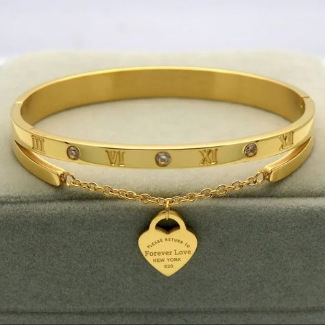 Gold Color Hanging Heart Label Forever Love Titanium Steel Bangle&Bracelets #jewelrydesigner #jewelry #jewellery #jewelrydesign #jewelrylovers #bracelet #gold #diamond #silver Hanging Hearts, Forever Love, Bracelet Gold, Gold Diamond, Bangle Bracelets, Gold Color, Jewelry Design, Bangles, Bracelet