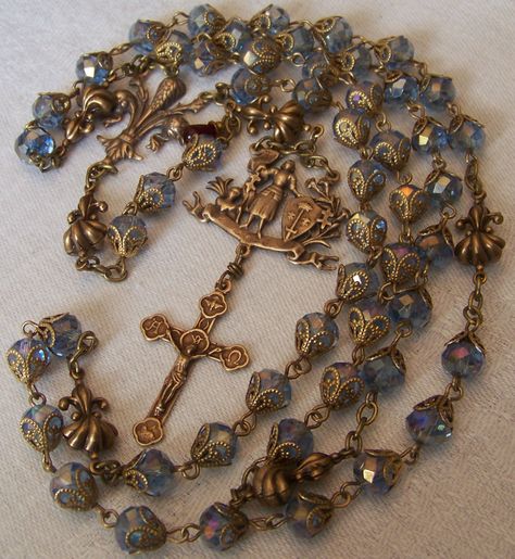 Joan of Arc Rosary Rosary Jewelry Aesthetic, Catholic Rosary, Blue Catholic Aesthetic, Vintage Rosary, Pretty Rosaries, Rosary Aesthetic, Vintage Gold Rosary As Gift, French Christian Gothic Jewelry, Vintage Rosary Antiques