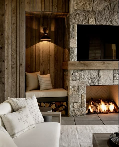 Mountain Home Living Room, Grey Blending Hair, Grey Blending, Mountain Interiors, Modern Lodge, Cabin Aesthetic, Modern Mountain, Home Fireplace, Studio Mcgee