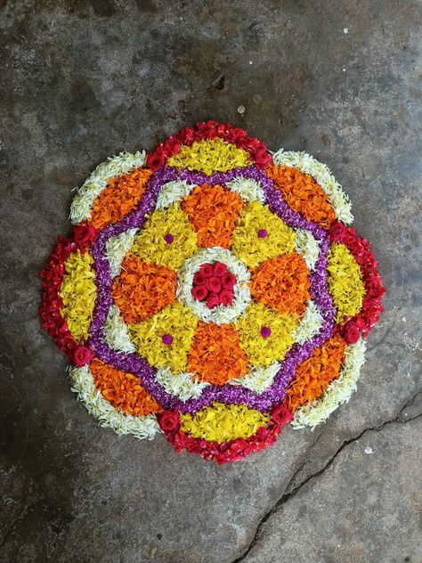 Onam Pookalam Design, Floral Rangoli, Onam Pookalam, Poo Kolam, Pookalam Design, Onam Festival, Pink Color Combination, Flower Decorations Diy, Rangoli Designs Flower