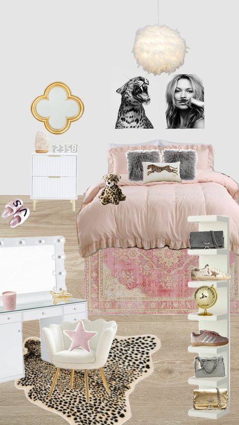 #bedroom #pink #leopardprint #trending #gold #decor Pink Glamour Bedroom, Black White Pink And Gold Bedroom, Oliver Bonas Bedroom, Glam Room Decor Ideas, Pink Leopard Bedroom, Light Pink And Cheetah Bedroom, Pink Cheetah Bedroom, Room Ideas Leopard, Pink And Cheetah Print Bedroom