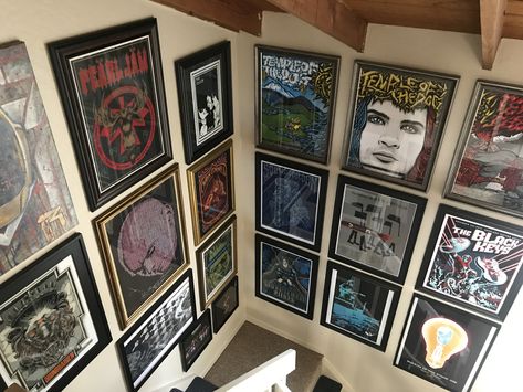 Favorite Bands ❤️ Santa Cruz, Ca Rock Gallery Wall, Concert Display Ideas, Concert Poster Gallery Wall, Concert Poster Display, Music Basement, Concert Poster Wall, Concert Wall, Rock Bedroom, Vinyl Record Room