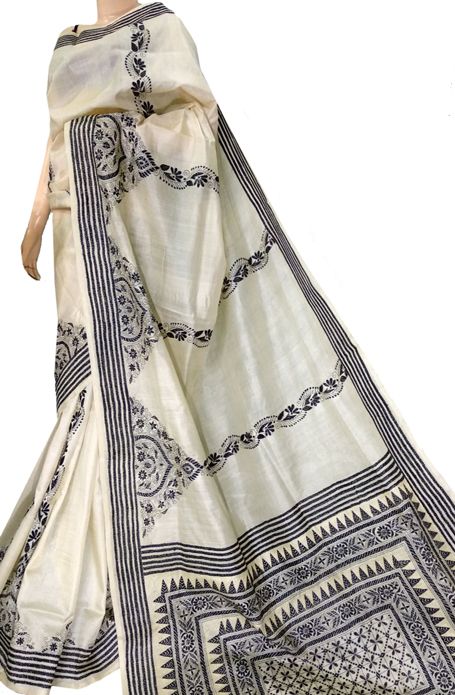 Off White Hand Embroidered Kantha Pure Silk Saree  #kanthasilksaree# Intricate Embroidery Cotton Silk Saree, Luxury Handloom Embroidered Saree Fabric, Luxury Embroidered Pre-draped Saree In Cotton Silk, Kantha Saree Silk, Kantha Embroidery Saree, Kantha Work Sarees, Kantha Sari, Kantha Sarees, Saree Painting