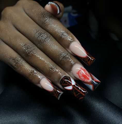 Spiderverse Nails Acrylic, Spiderman Miles Morales Nails Acrylic, Miles Morales Inspired Nails, Miles Morales Acrylic Nails, Spiderman Across The Spider Verse Nails, Spiderman Nails Miles Morales, Spiderman Nails Black And Red, Miles Morales Nails Designs, Miles Morales Inspired Makeup