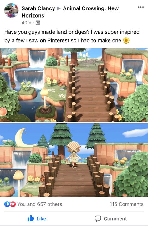 ACNH land bridges look really cool. I especially love the waterfalls at the end. Cool use of space! Funny Animal Crossing, Cottagecore Animal Crossing, Acnh Cottagecore, Animal Crossing 3ds, Animal Crossing Funny, Ac New Leaf, Forest Core, Animal Crossing Memes, Animal Crossing Guide