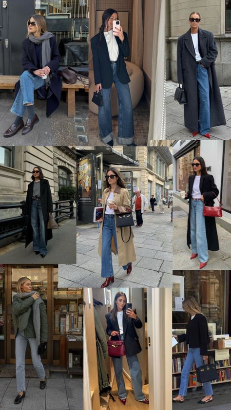 Autumn oufits, jeans, Red shoes, bags, hairstyle Blue Jeans Autumn Outfit, Classic Eclectic Style, Mid Wash Jeans Outfit, Blue Jeans Outfit Autumn, Autumn Jeans Outfits, Dark Denim Jeans Outfit, London Aesthetic Outfits, Wash Jeans Outfit, Japan Ootd