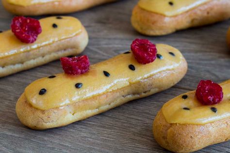 Recipe-Passion-Raspberry-Eclairs30 Bakery In France, Raspberry Eclairs, Drinks From Around The World, Passion Fruit Juice, Fruit Cream, Paris Brest, Almond Paste, French Pastry, Pastry Cream